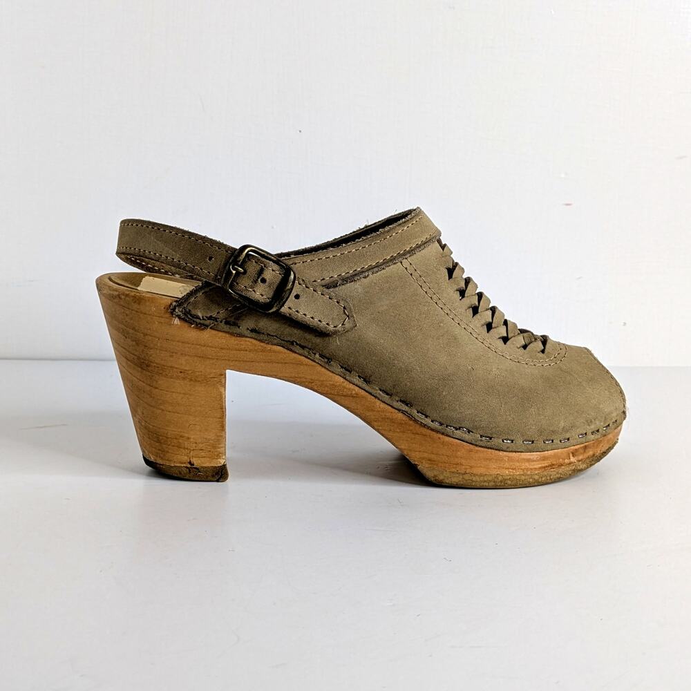 No. 6 Peep Toe Clogs 36 Tan Leather Wood Heel Strap Braided Vamp 6-6.5 - Picture 7 of 15